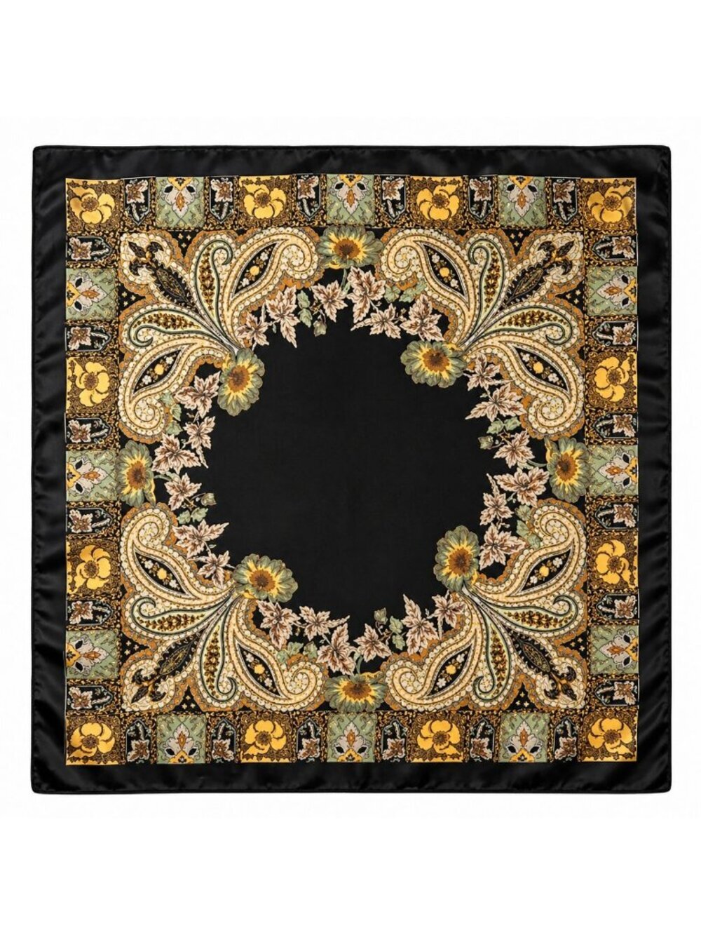 Luxury Paisley Floral Satin Scarf for Women – 27” Square Black Gold Sage Green P